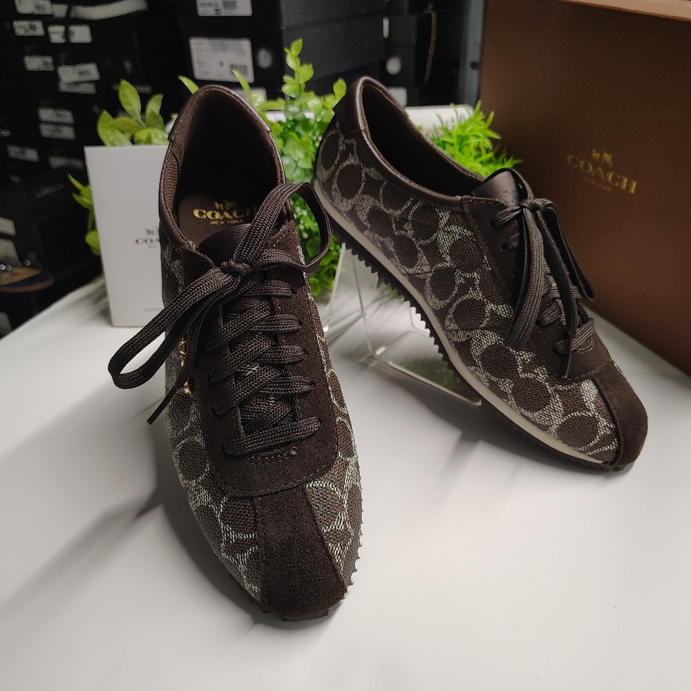 Coach Ivory Signature Monogram Sneakers | Black-Brown Chestnut Leather Trim - Picture 8 of 9